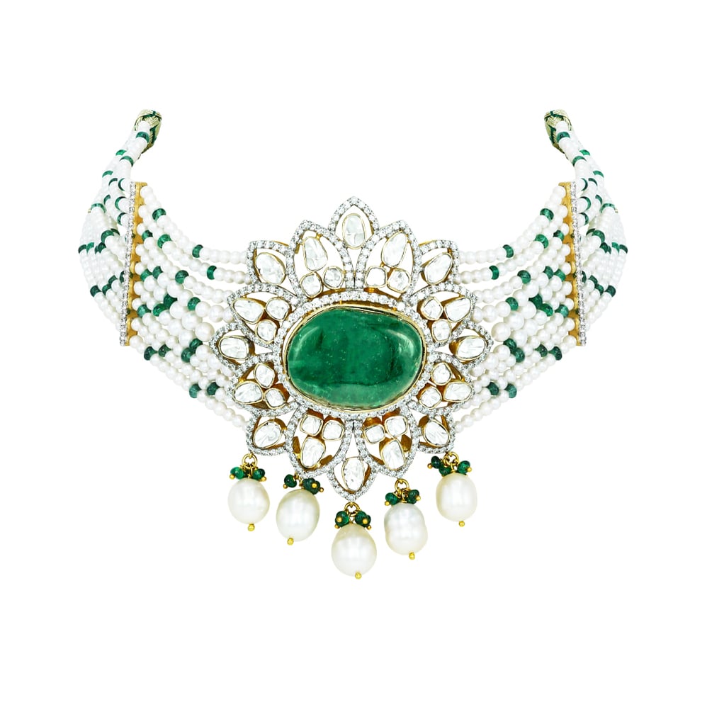 Emerald and Polki Choker with Pearl strings and Drops